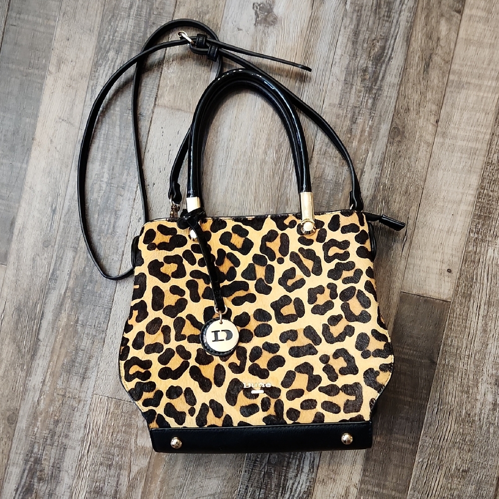 Dune‎ London Leather Leopard Print Calf Hair Handbag Crossbosy Lux Animal Glam